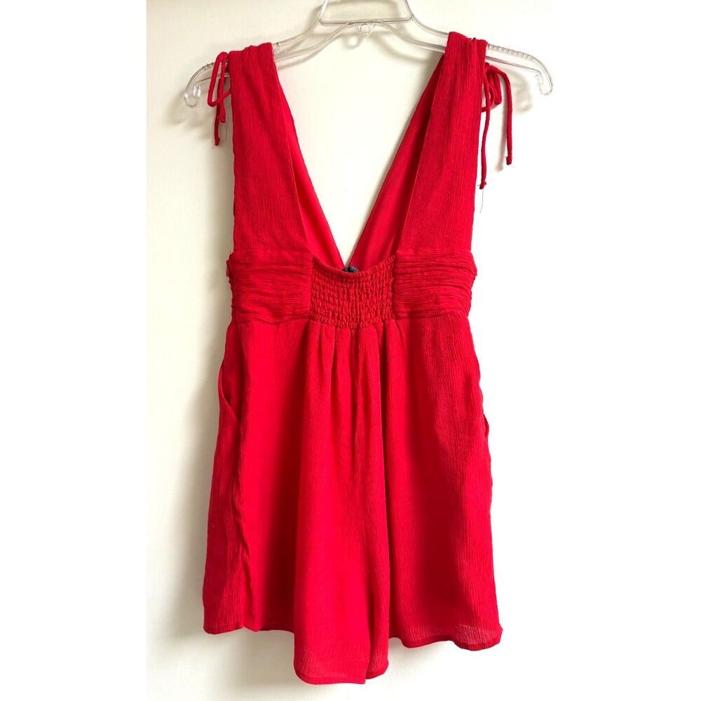 Tomato Red Crepe Romper XXS XS Petite Playsuit Deep V Empire Pocket Smock Tie Jr - Picture 6 of 8